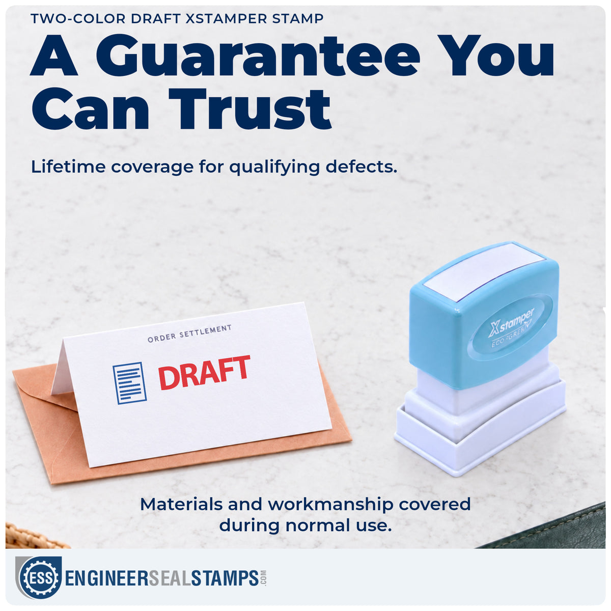 Lifetime guarantee coverage on the "Draft" Xstamper pre-inked stamp