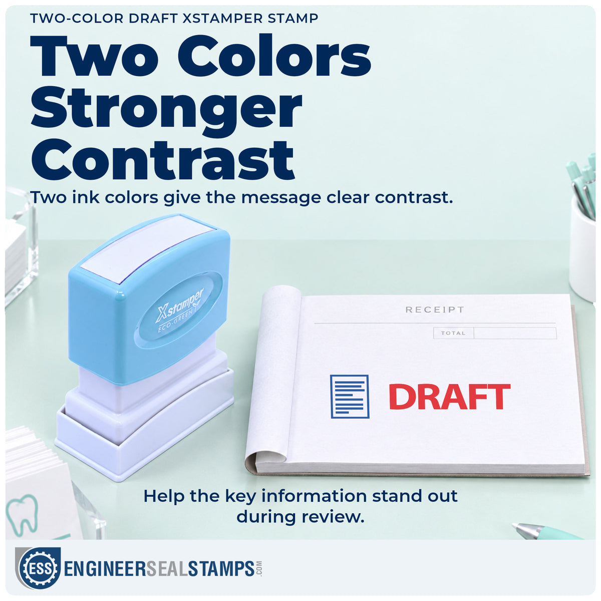 Features of the "Draft" Xstamper No. 2031 pre-inked stamp