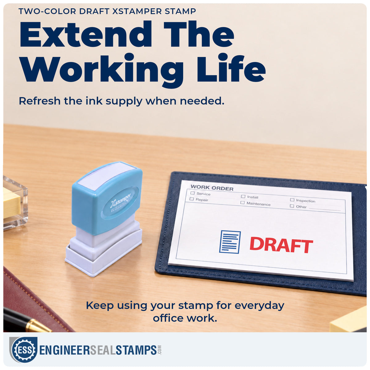 Re-inkable "Draft" stamp built for thousands of repeat impressions
