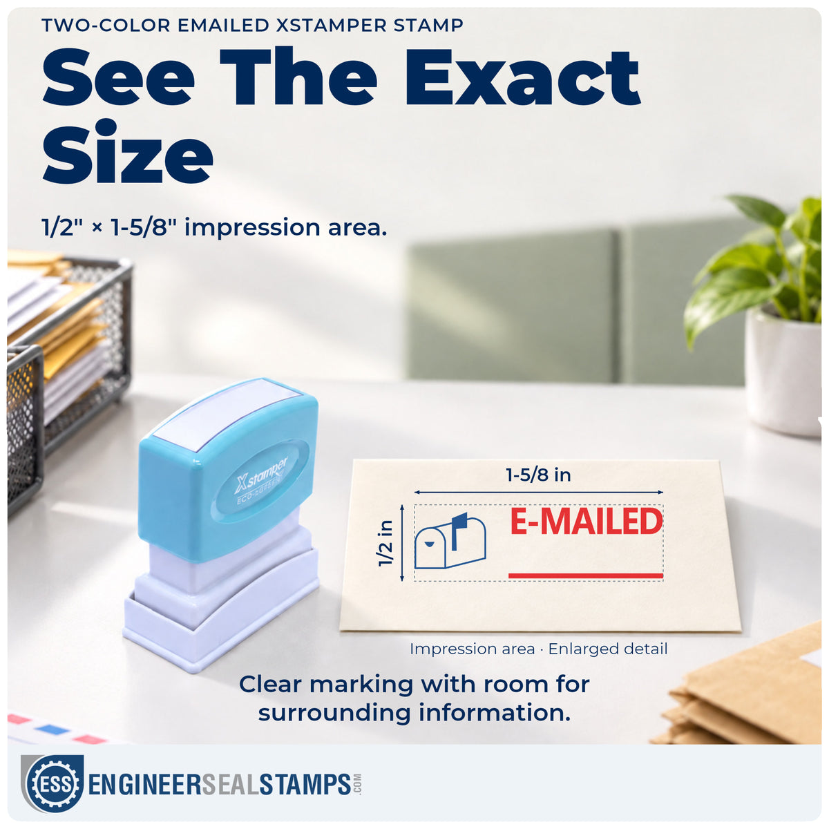 Impression size guide: the "Emailed" imprint measures Approximately 1/2 in tall x 1-5/8 in wide