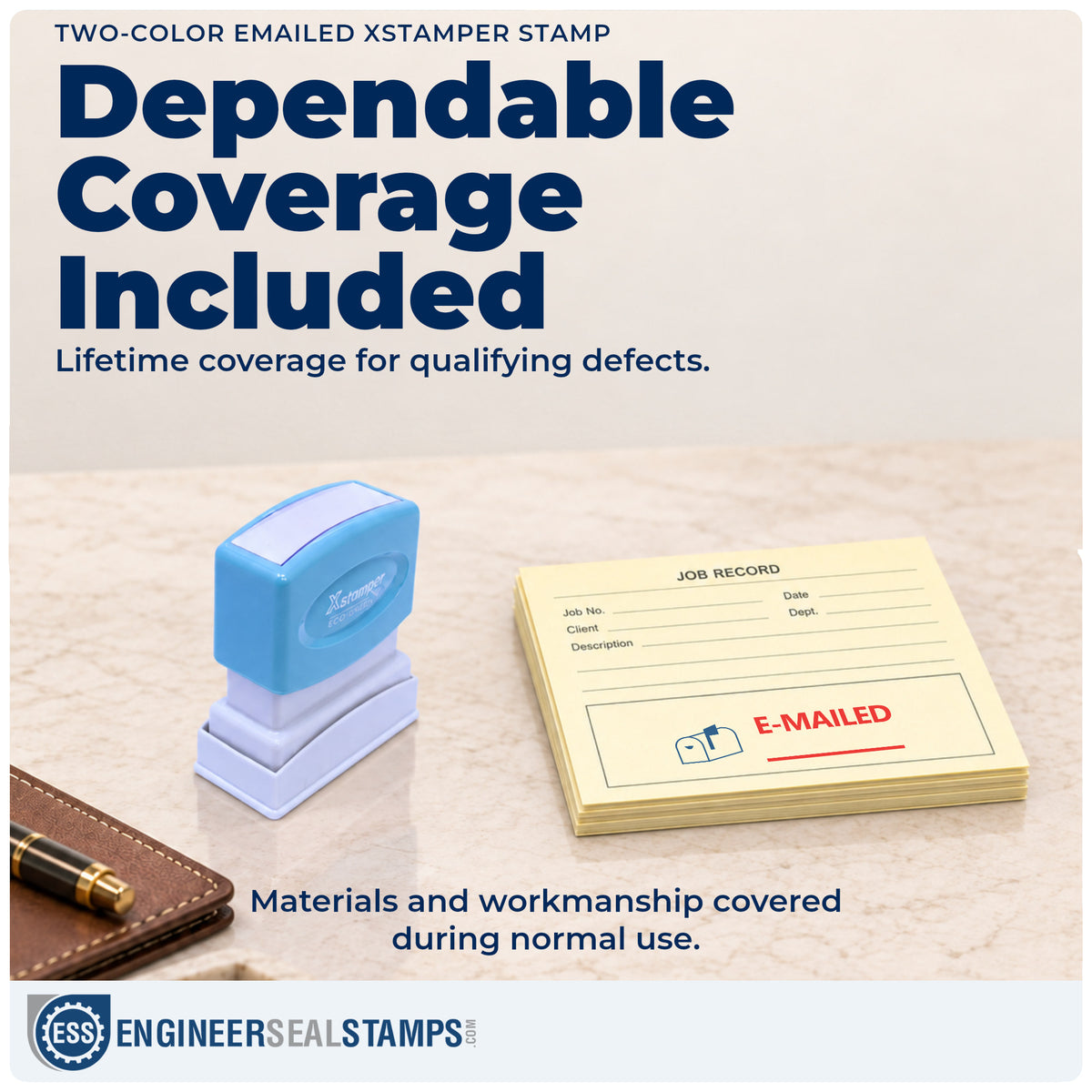 Lifetime guarantee coverage on the "Emailed" Xstamper pre-inked stamp