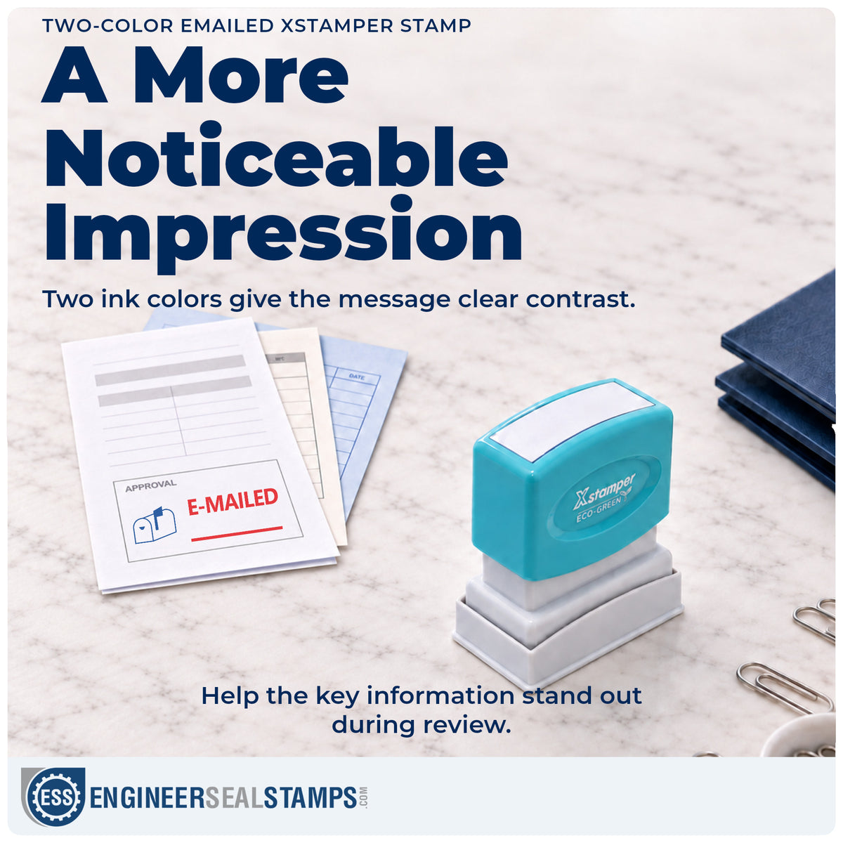 Features of the "Emailed" Xstamper No. 2025 pre-inked stamp