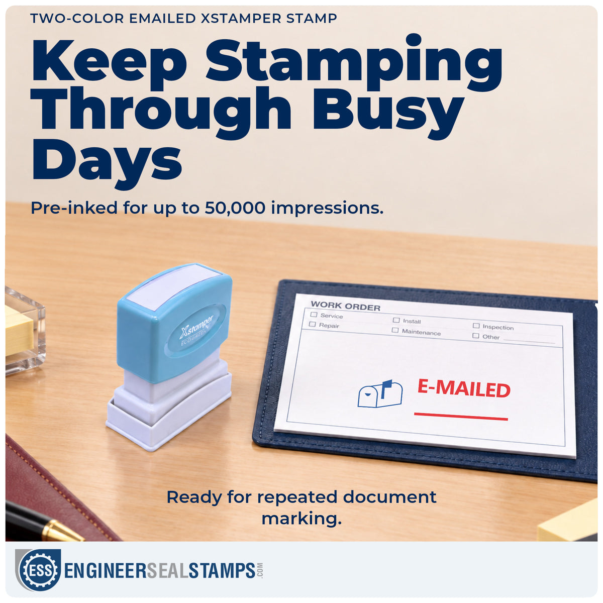 Re-inkable "Emailed" stamp built for thousands of repeat impressions
