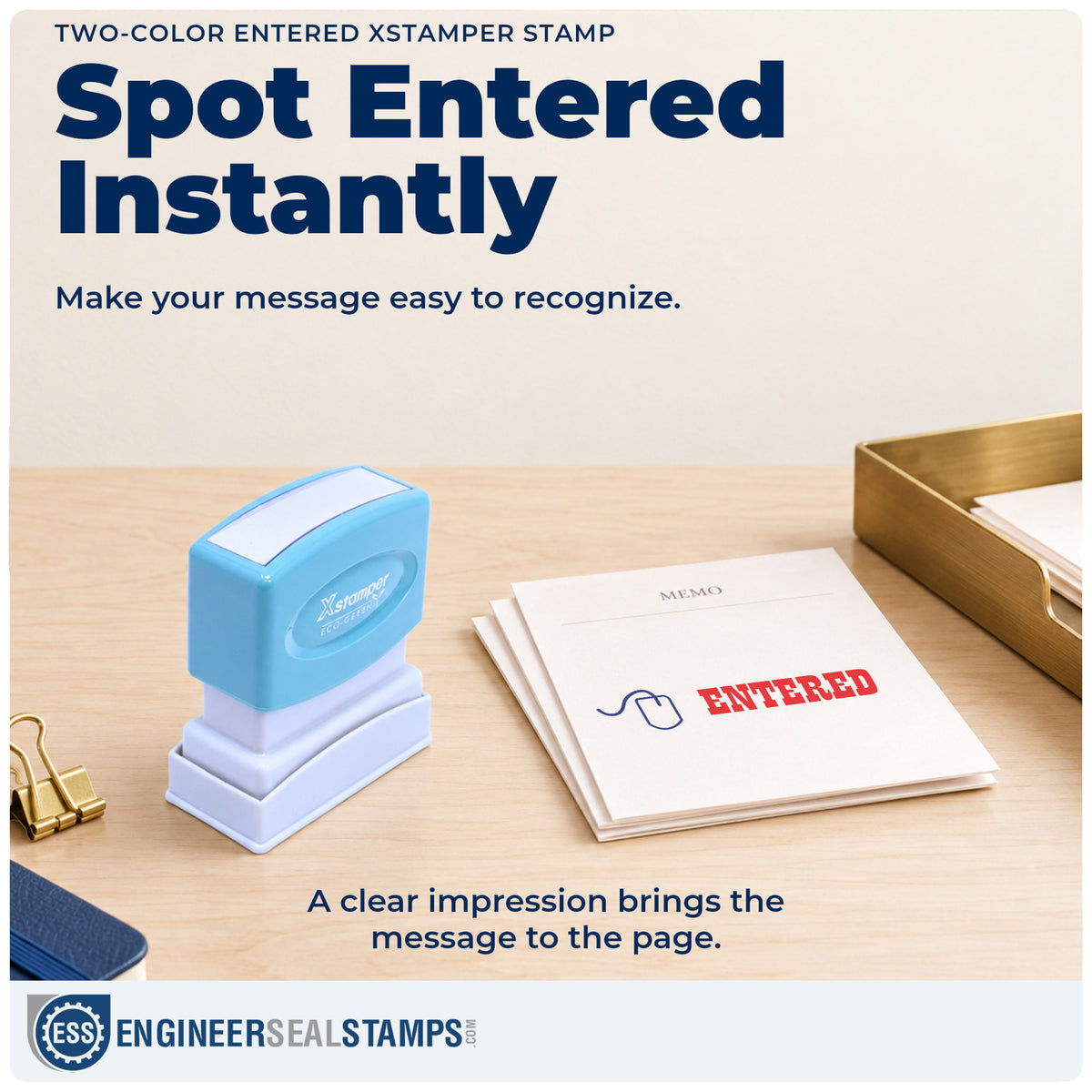 "Entered" imprint on office paperwork beside the Xstamper Entered Data Entry Stamp – Two-Color Pre-Inked
