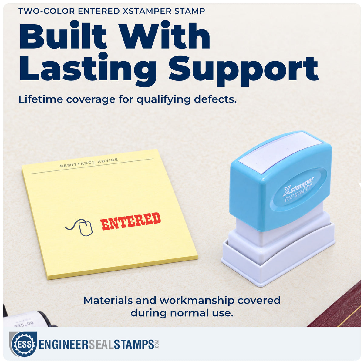 Lifetime guarantee coverage on the "Entered" Xstamper pre-inked stamp
