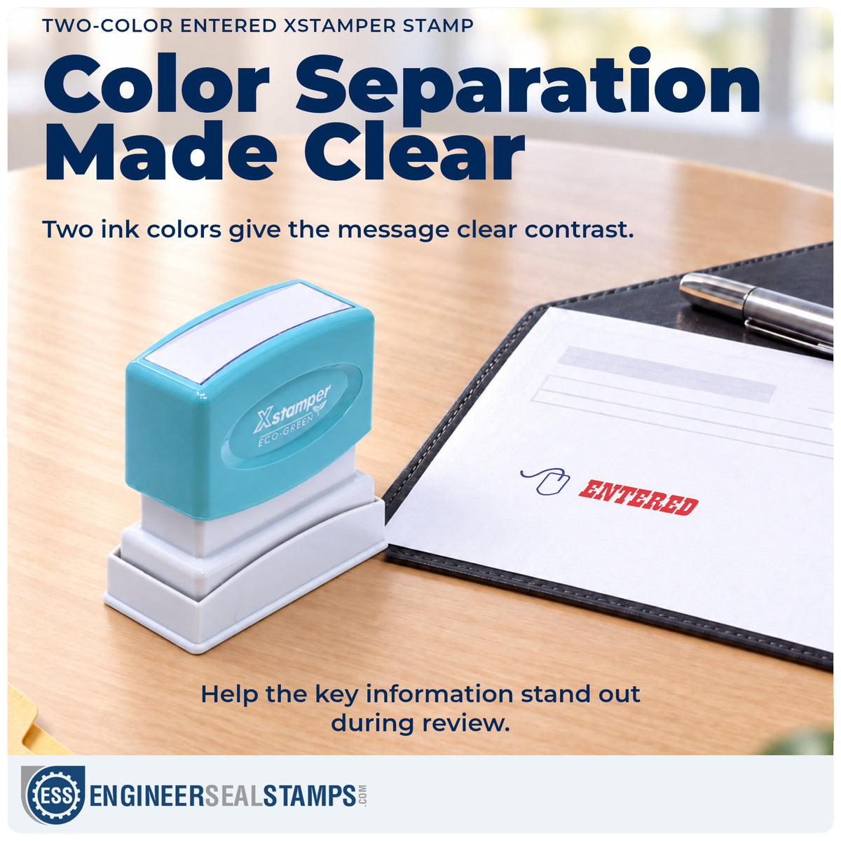 Features of the "Entered" Xstamper No. 2027 pre-inked stamp
