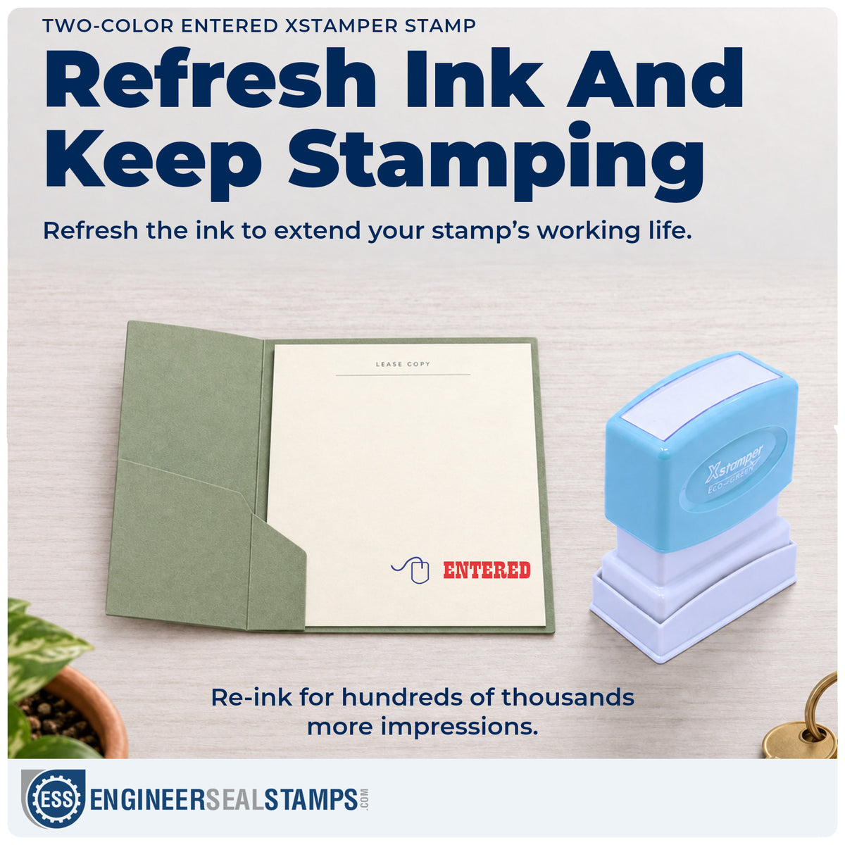 Re-inkable "Entered" stamp built for thousands of repeat impressions