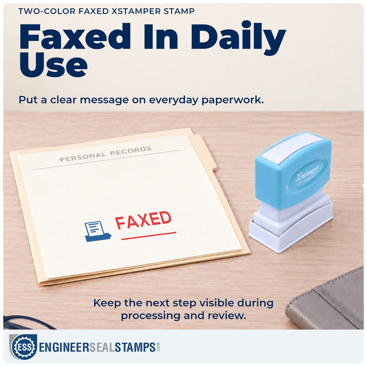 "Faxed" stamp being pressed onto a document during everyday filing