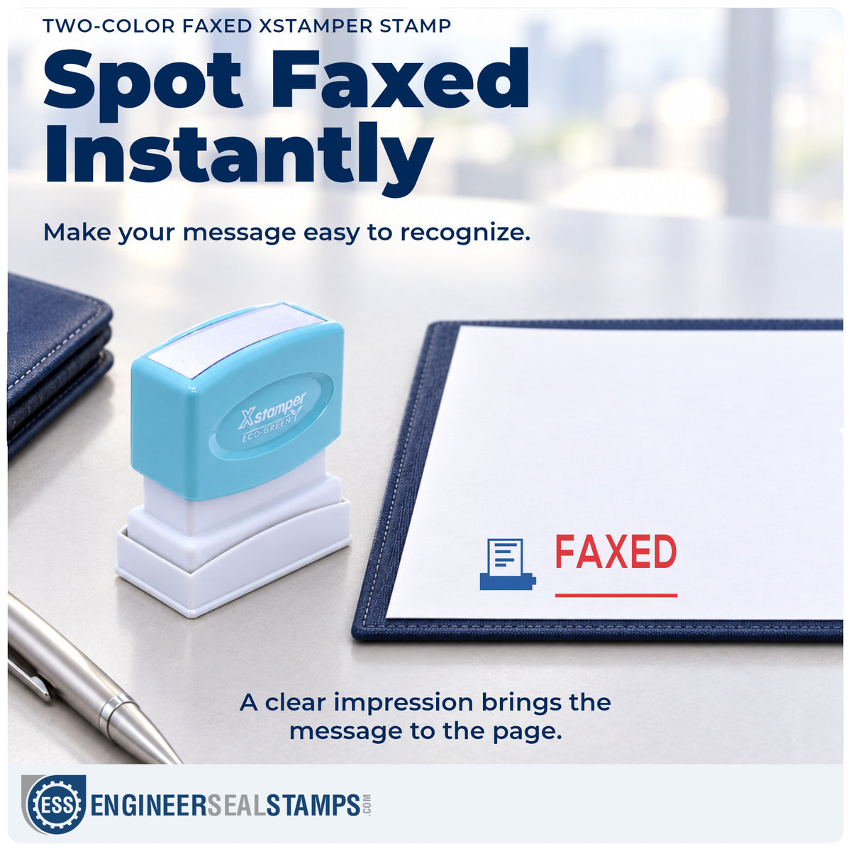 "Faxed" imprint on office paperwork beside the Xstamper Faxed Stamp – Two-Color Pre-Inked