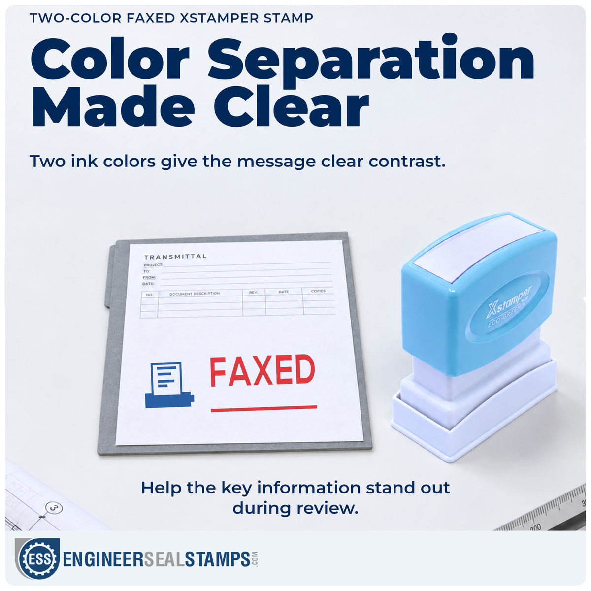 Features of the "Faxed" Xstamper No. 2023 pre-inked stamp