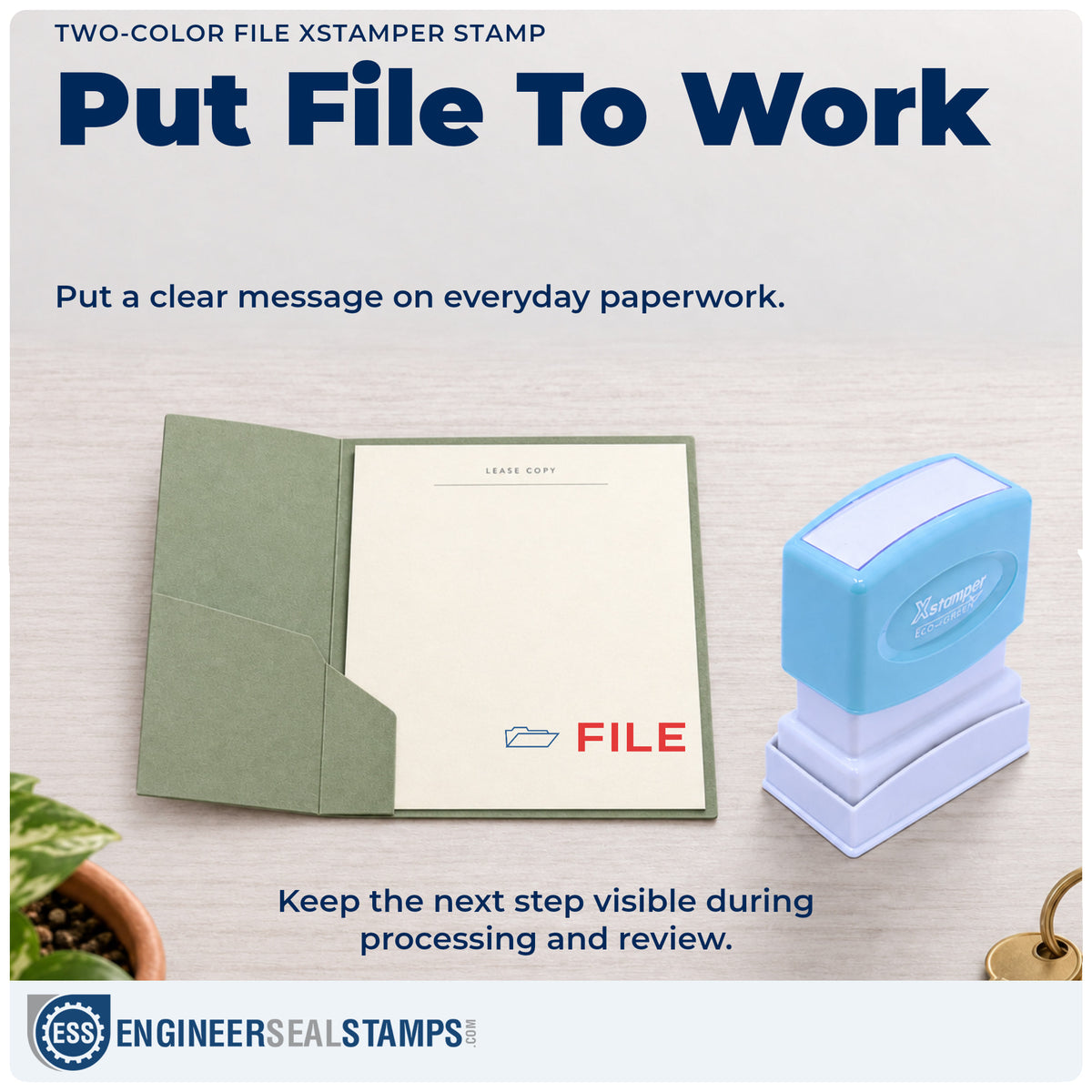 "File" stamp being pressed onto a document during everyday filing