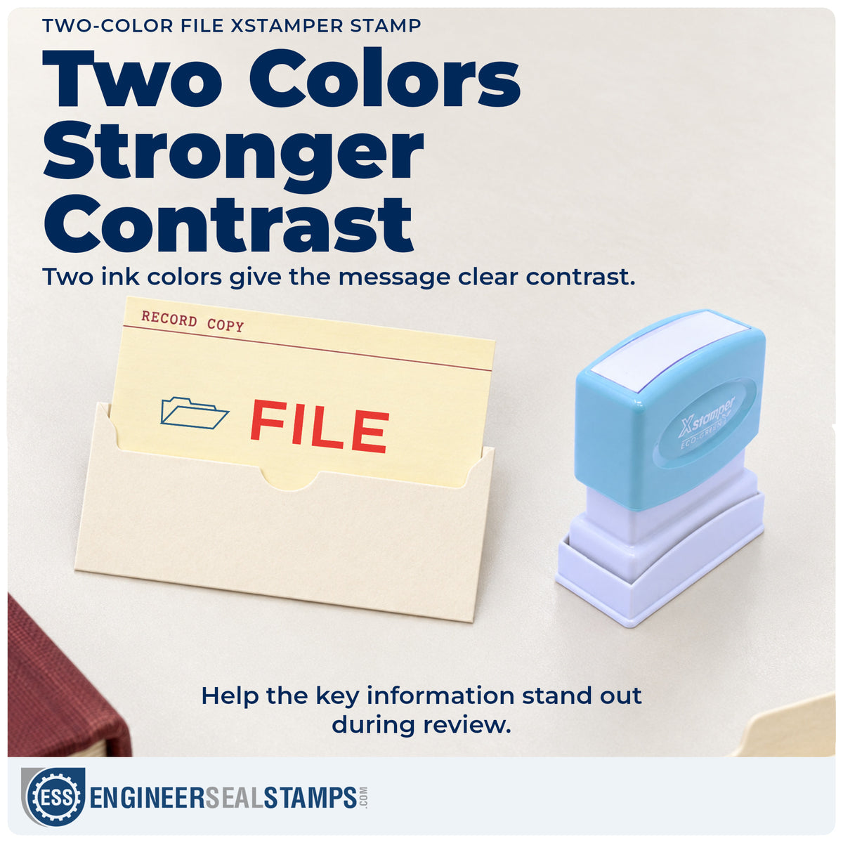 Features of the "File" Xstamper No. 2028 pre-inked stamp