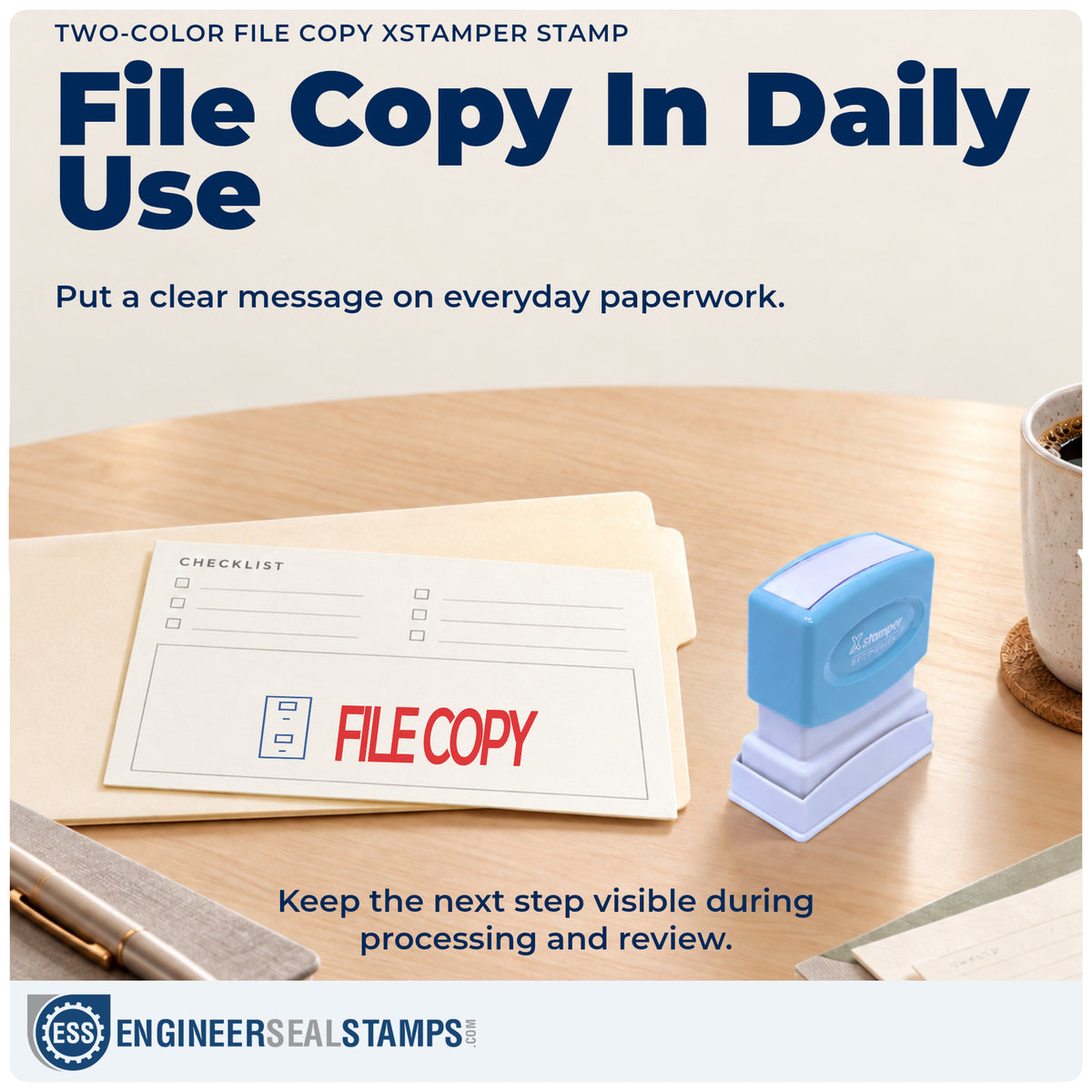 "File copy" stamp being pressed onto a document during everyday filing