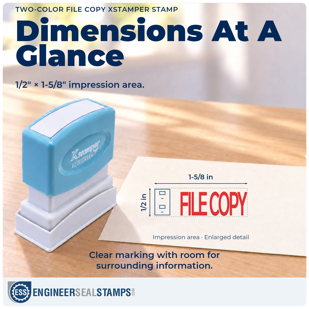 Impression size guide: the "File copy" imprint measures Approximately 1/2 in tall x 1-5/8 in wide