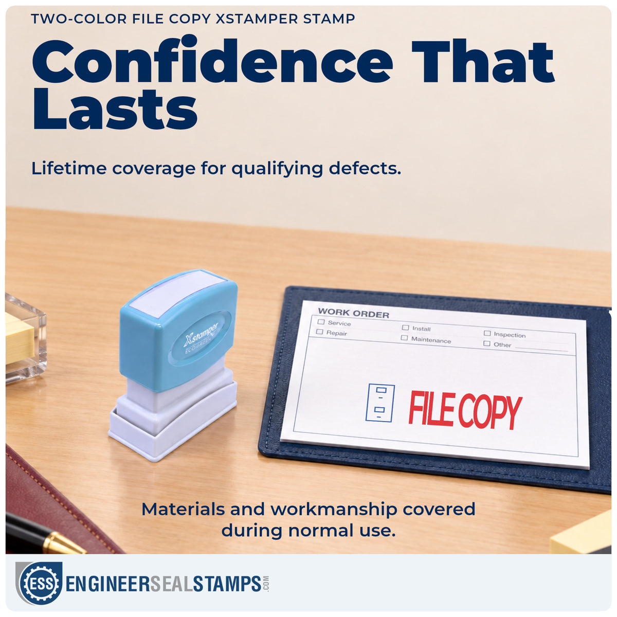 Lifetime guarantee coverage on the "File copy" Xstamper pre-inked stamp