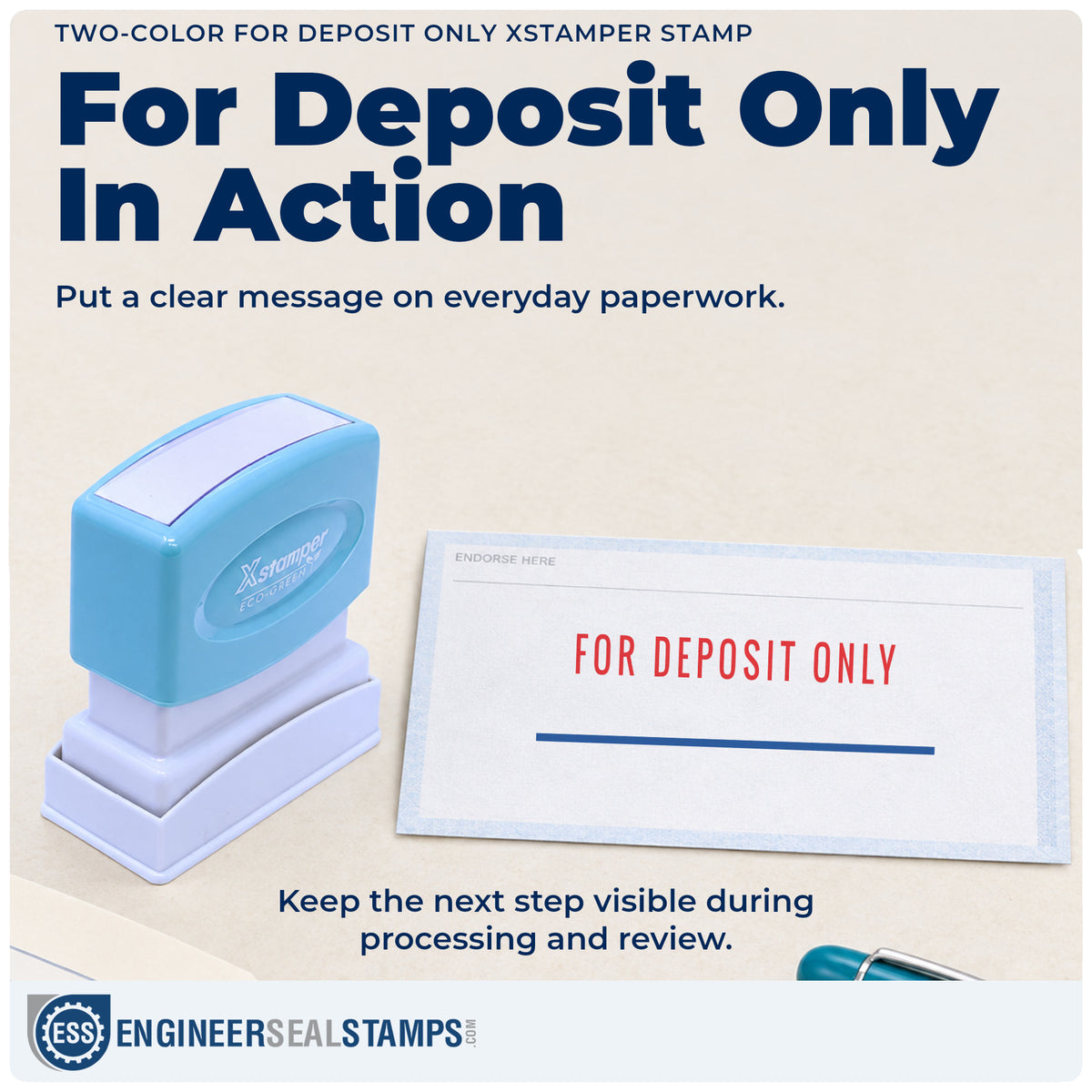 "For deposit only" stamp being pressed onto a document during everyday filing