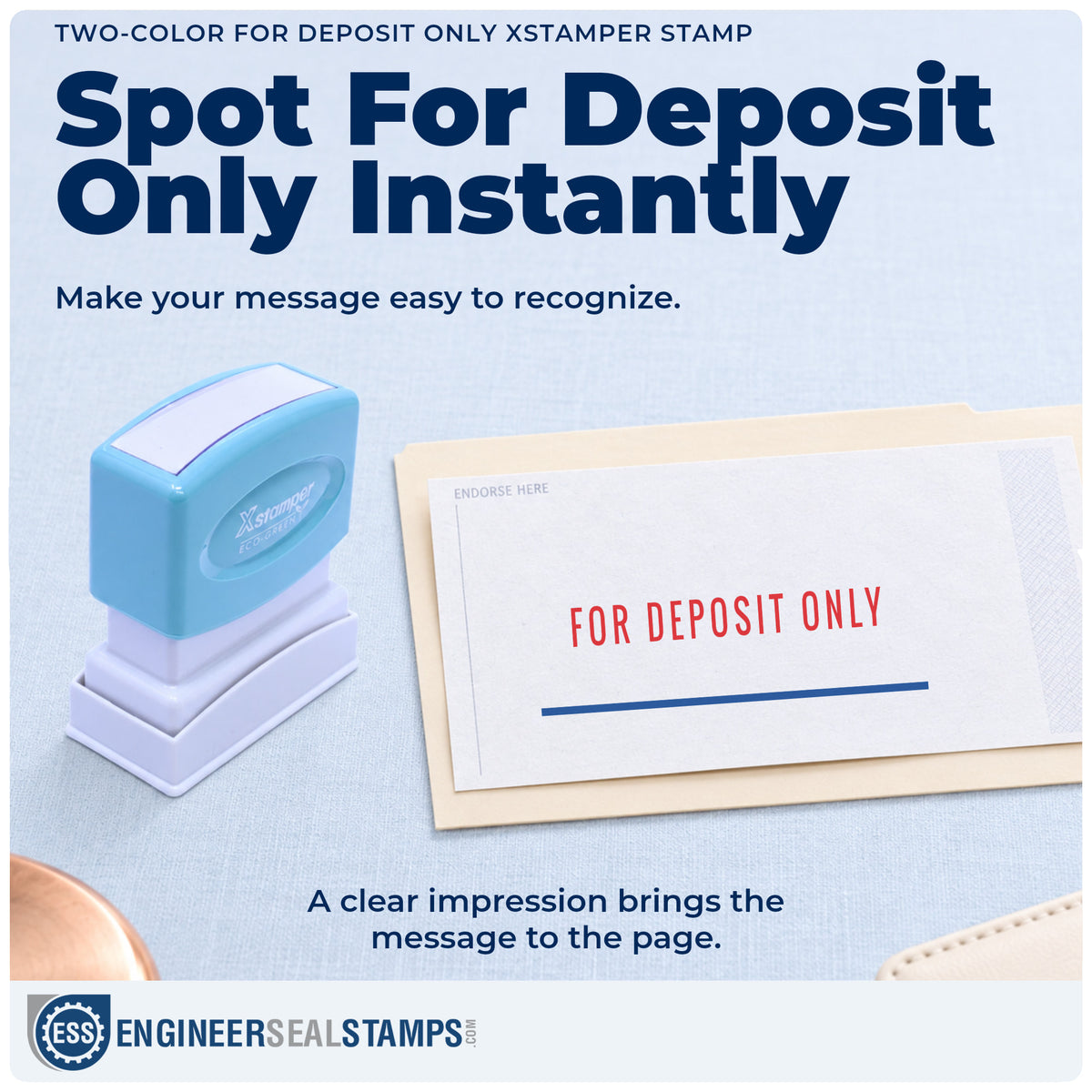 "For deposit only" imprint on office paperwork beside the For Deposit Only Stamp – Two-Color Pre-Inked Xstamper