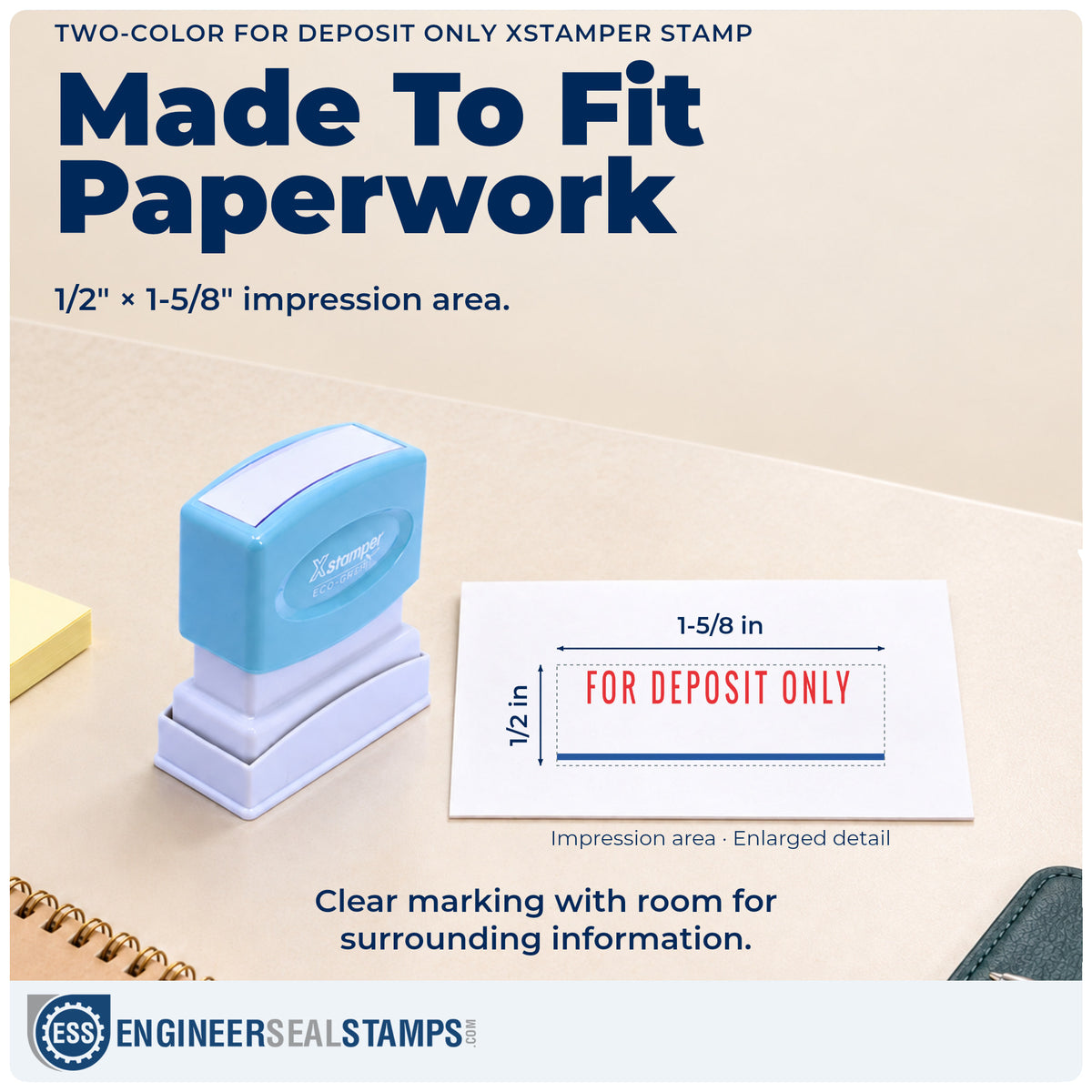 Impression size guide: the "For deposit only" imprint measures 1/2 x 1-5/8 in