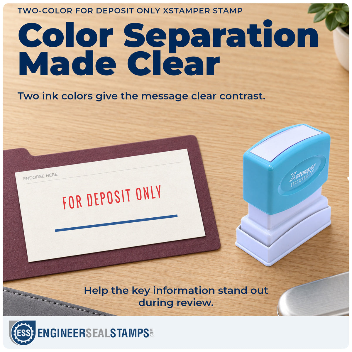 Features of the "For deposit only" Xstamper No. 2035 pre-inked stamp