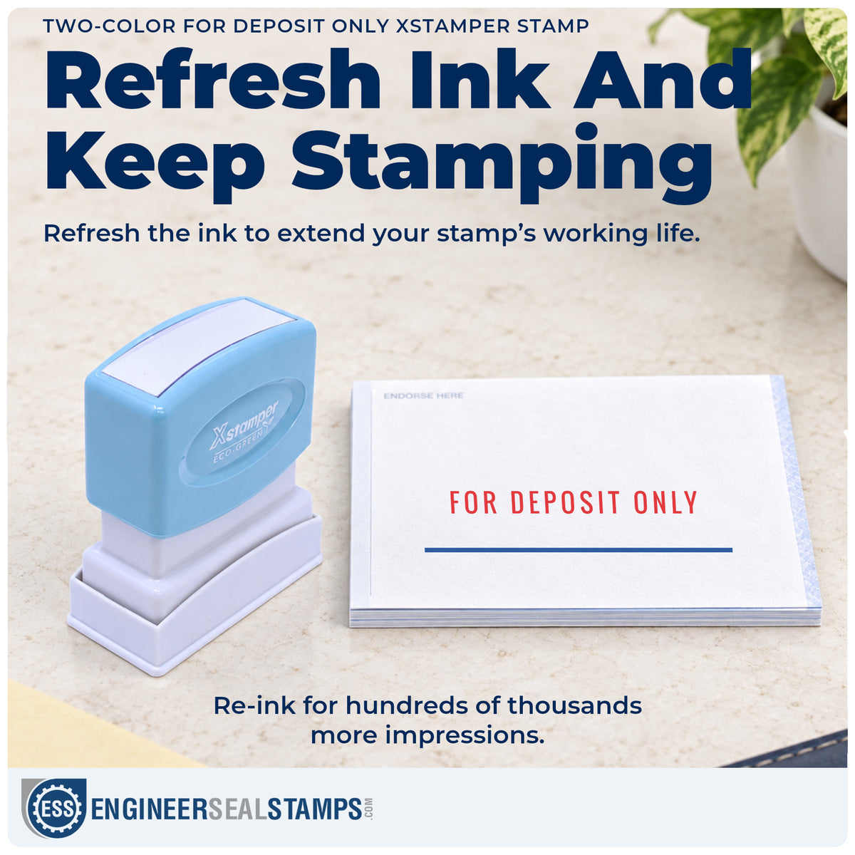Re-inkable "For deposit only" stamp built for thousands of repeat impressions