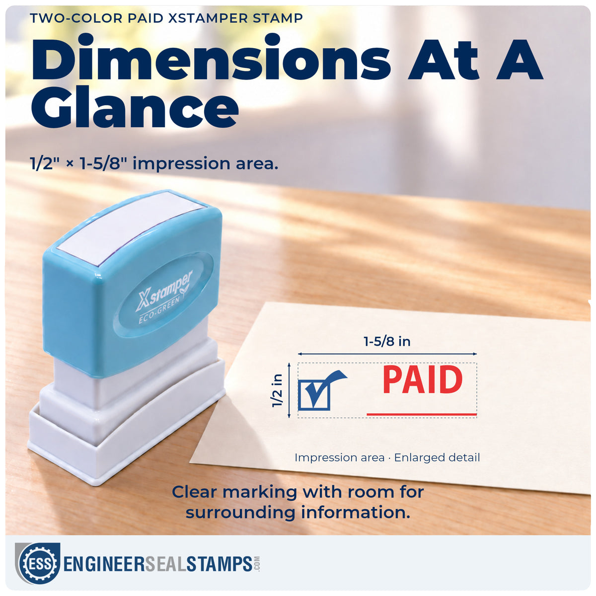 Impression size guide: the "Paid" imprint measures 1/2 x 1-5/8 in