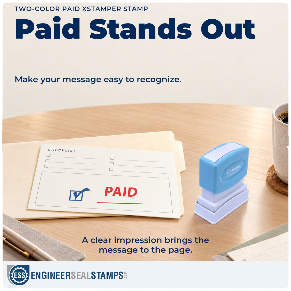 "Paid" imprint on office paperwork beside the Paid Accounting Stamp – Two-Color Pre-Inked Xstamper