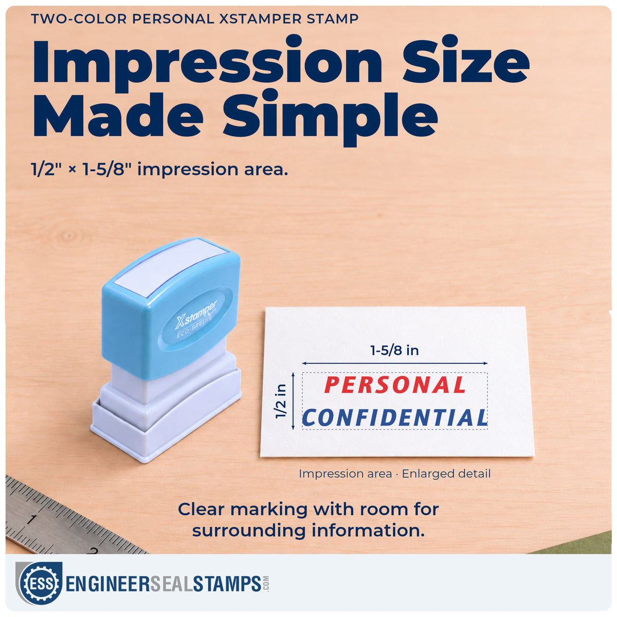 Impression size guide: the "Personal" imprint measures Approximately 1/2 in tall x 1-5/8 in wide