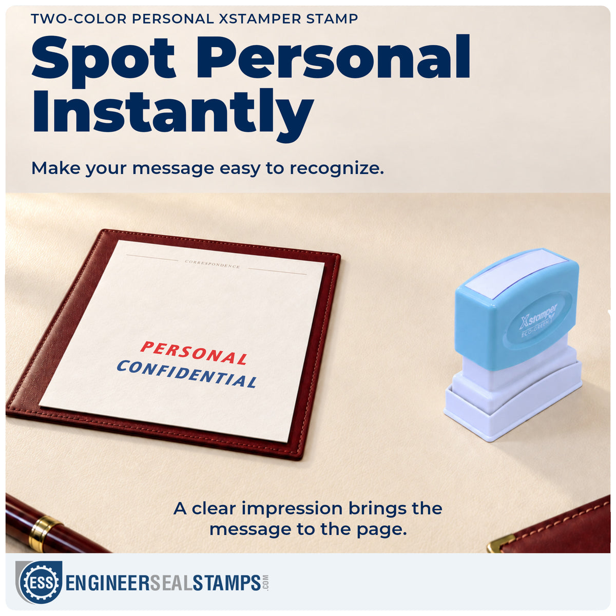 "Personal" imprint on office paperwork beside the Two-Color Personal Stamp – Pre-Inked Xstamper