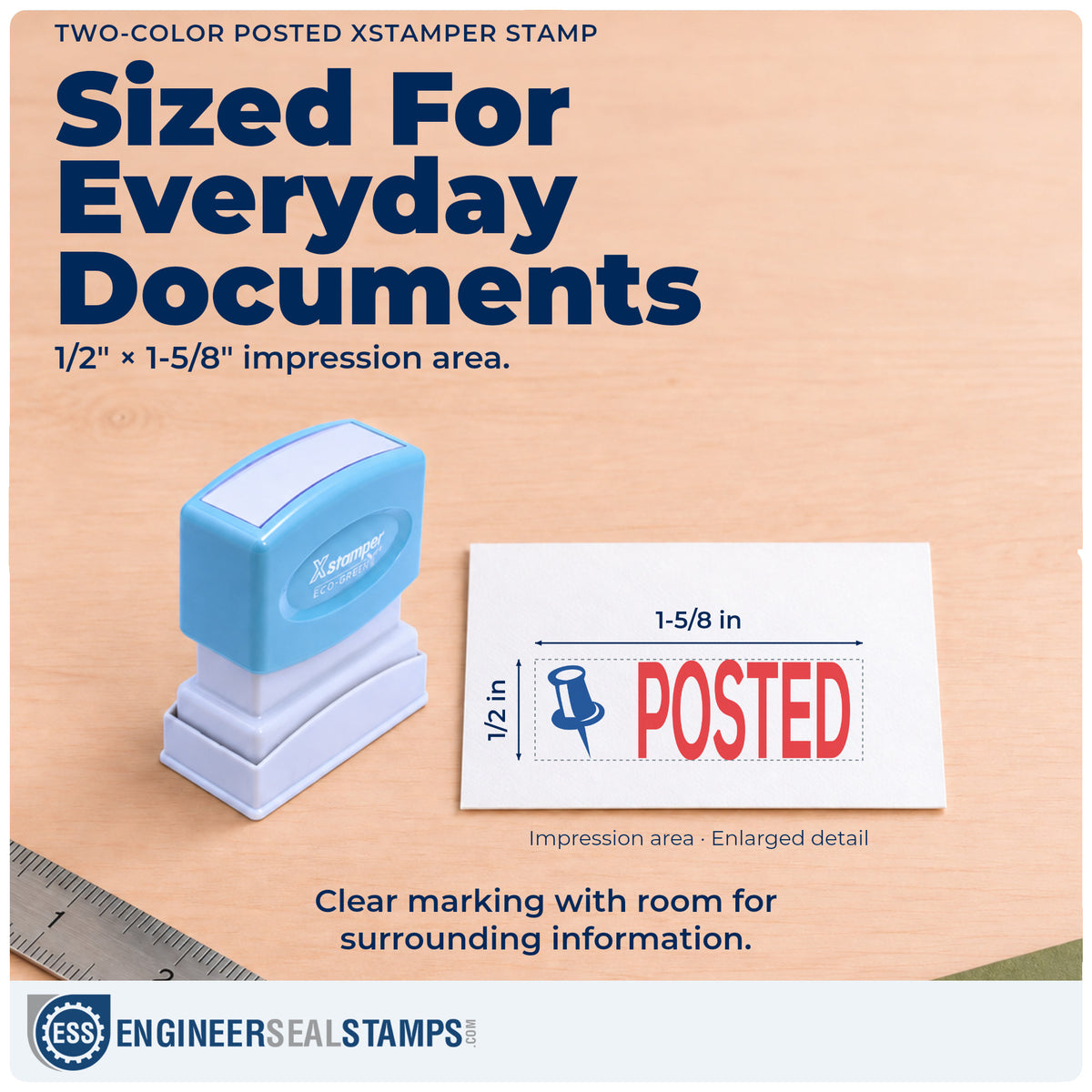Impression size guide: the "Posted" imprint measures 1/2 x 1-5/8 in