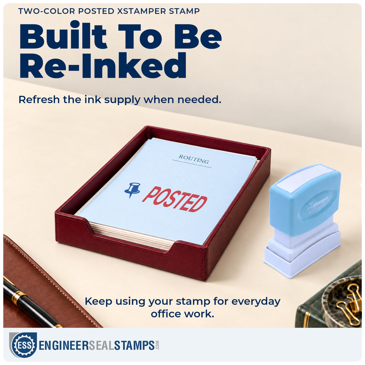 Re-inkable "Posted" stamp built for thousands of repeat impressions