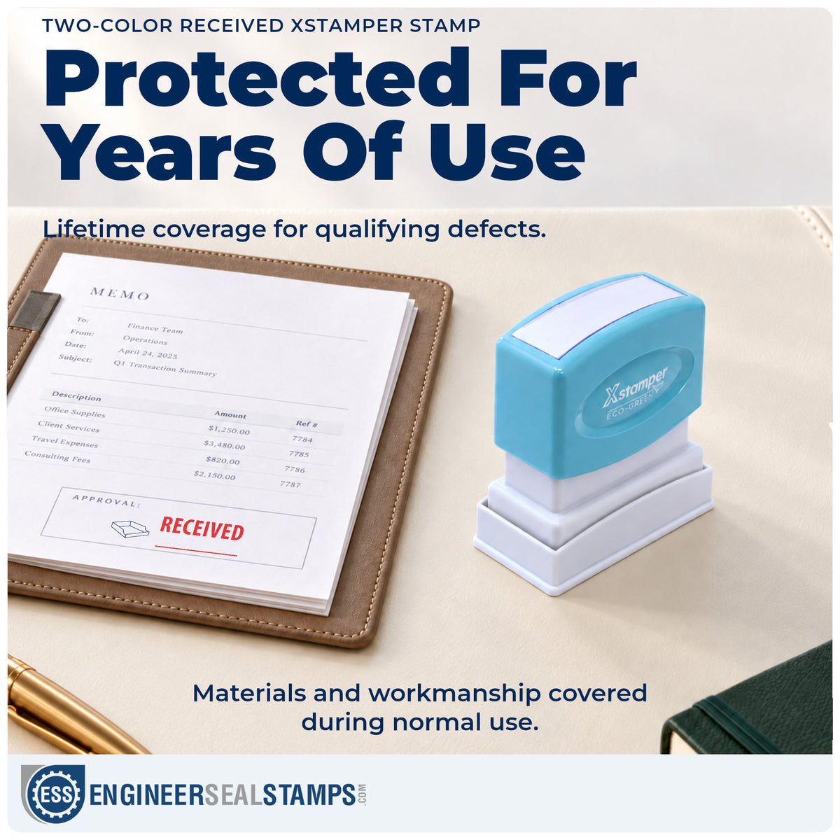 Lifetime guarantee coverage on the "Received" Xstamper pre-inked stamp