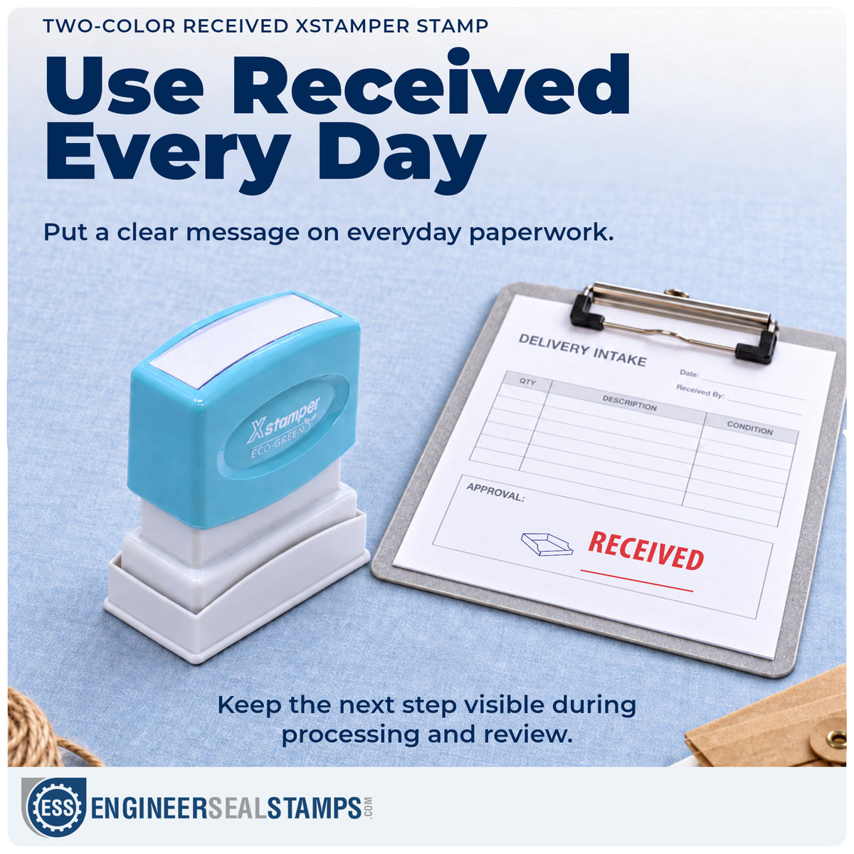 "Received" stamp being pressed onto a document during everyday filing