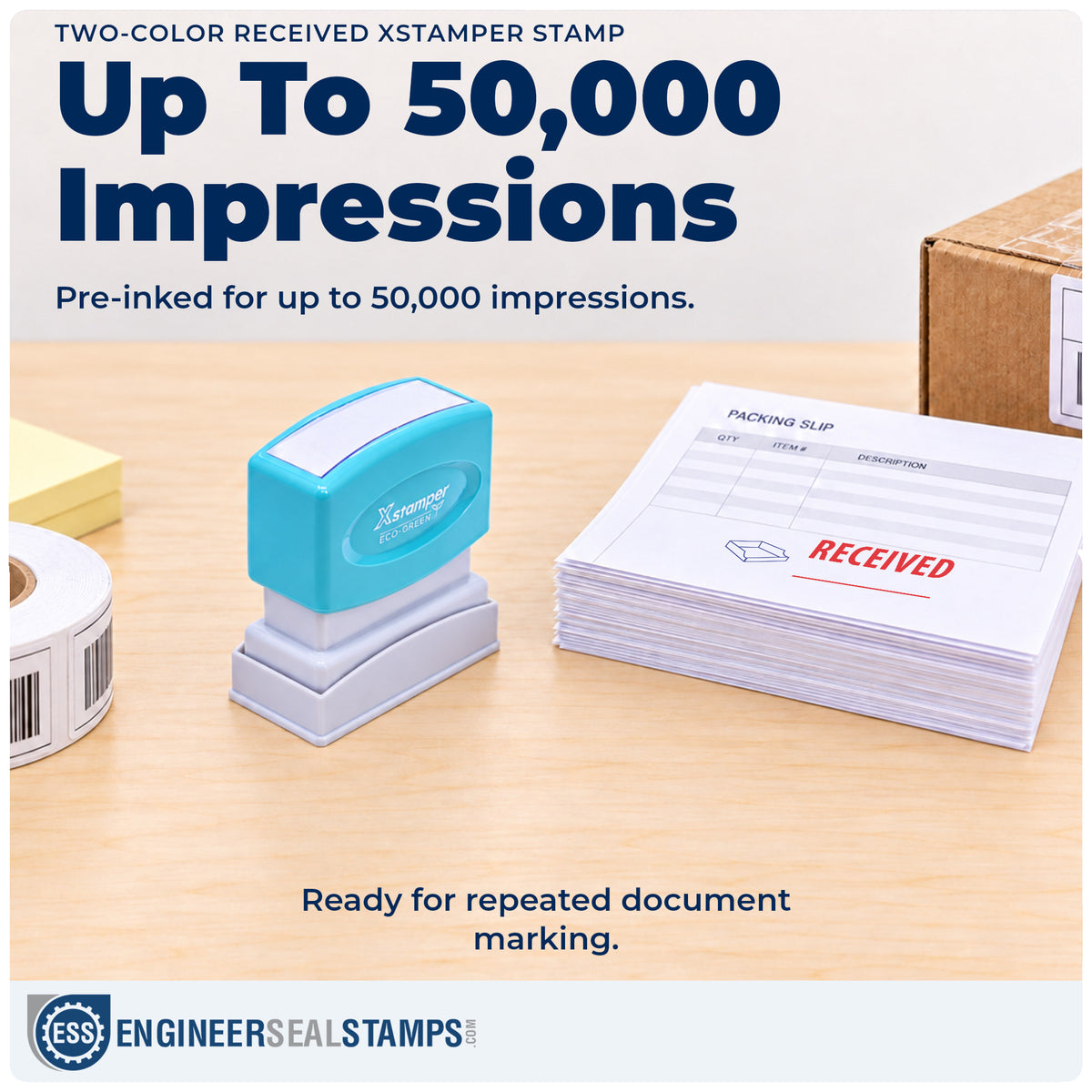 Re-inkable "Received" stamp built for thousands of repeat impressions