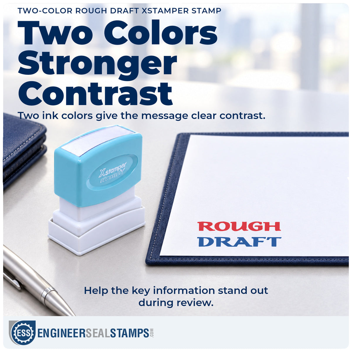 Features of the "Rough draft" Xstamper No. 2033 pre-inked stamp