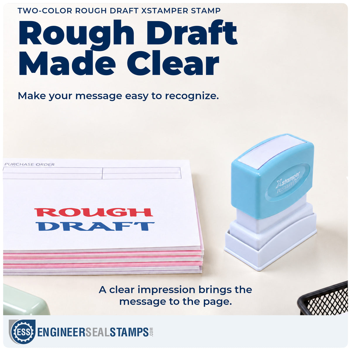 "Rough draft" imprint on office paperwork beside the Rough Draft Stamp – Two-Color Pre-Inked Xstamper