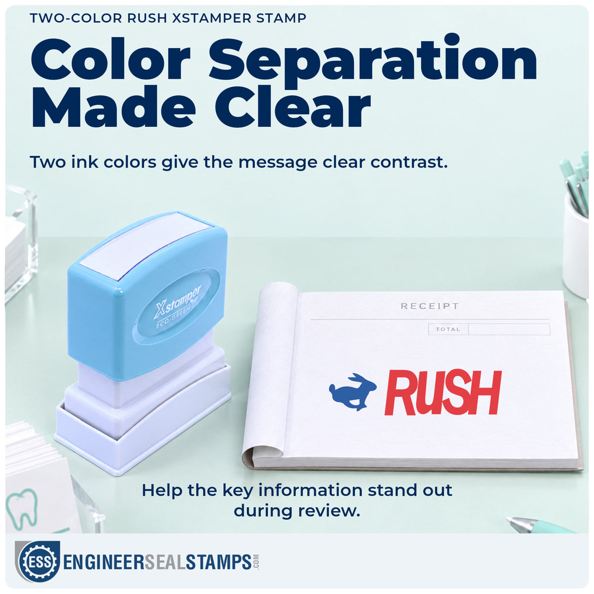 Features of the "Rush" Xstamper No. 2040 pre-inked stamp