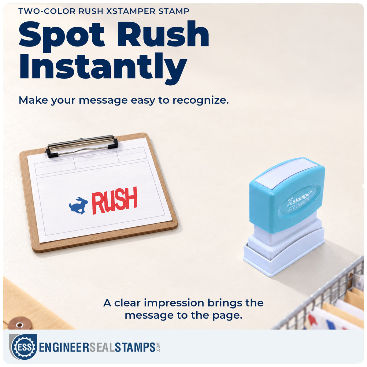 "Rush" imprint on office paperwork beside the Rush Stamp – Two-Color Pre-Inked Xstamper