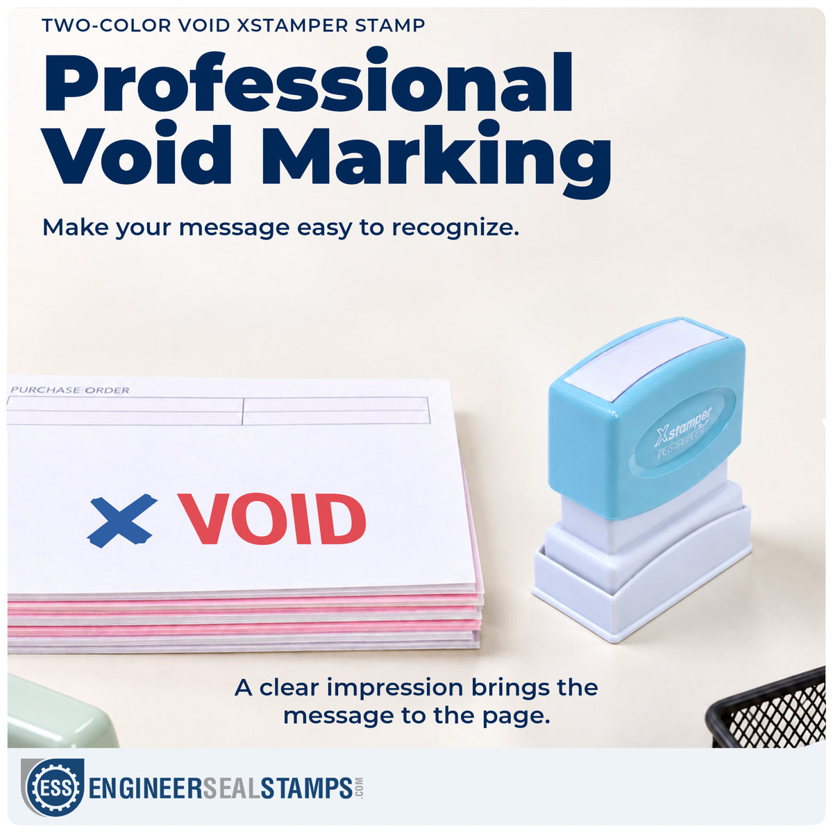 "Void" imprint on office paperwork beside the Two-Color Void Stamp – Pre-Inked Xstamper