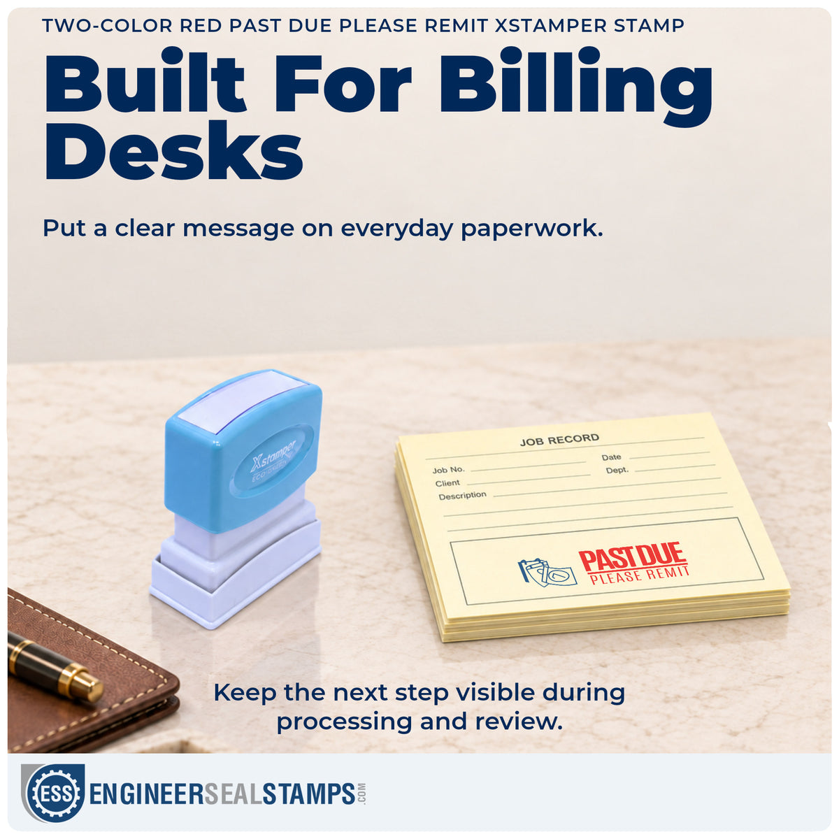 "Past due please remit" stamp being pressed onto a document during everyday filing