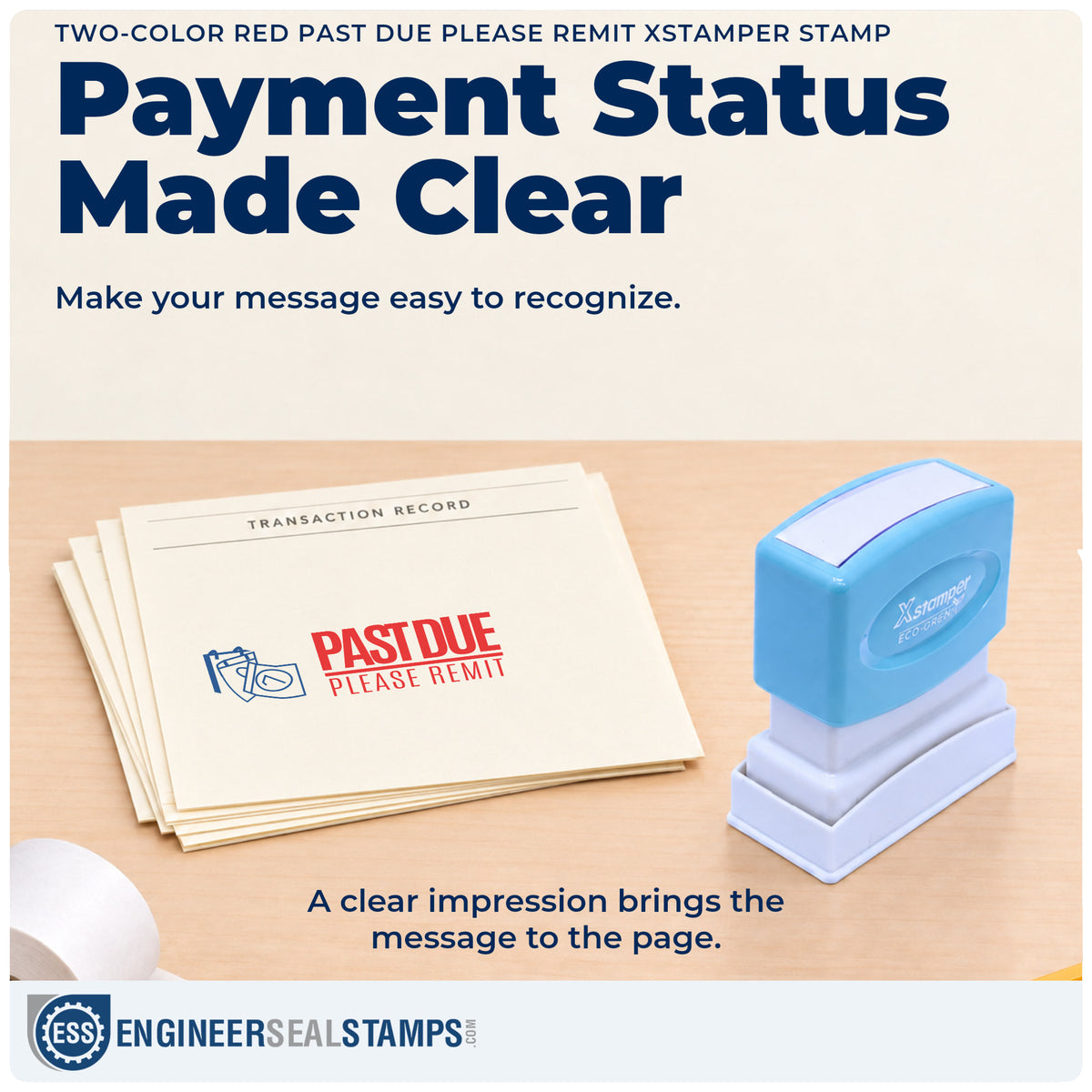 "Past due please remit" imprint on office paperwork beside the Two-Color Red Past Due Please Remit Billing Stamp – Pre-Inked Xstamper