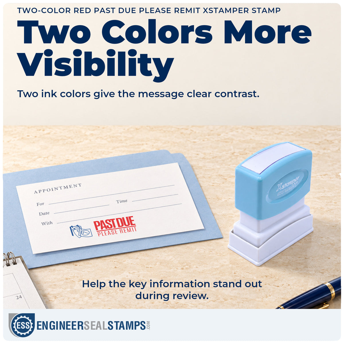Features of the "Past due please remit" Xstamper No. 2049 pre-inked stamp
