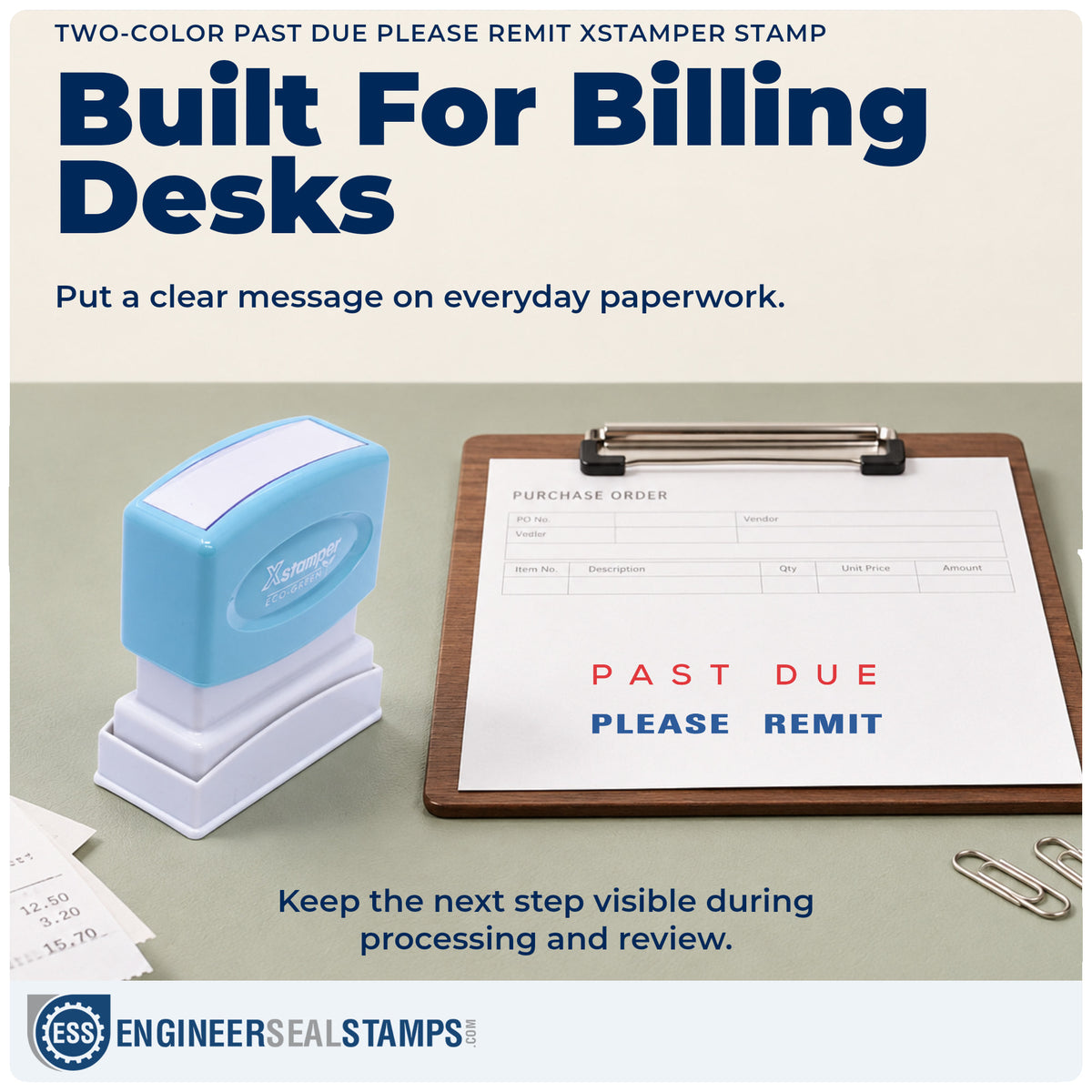 "Past due please remit" stamp being pressed onto a document during everyday filing