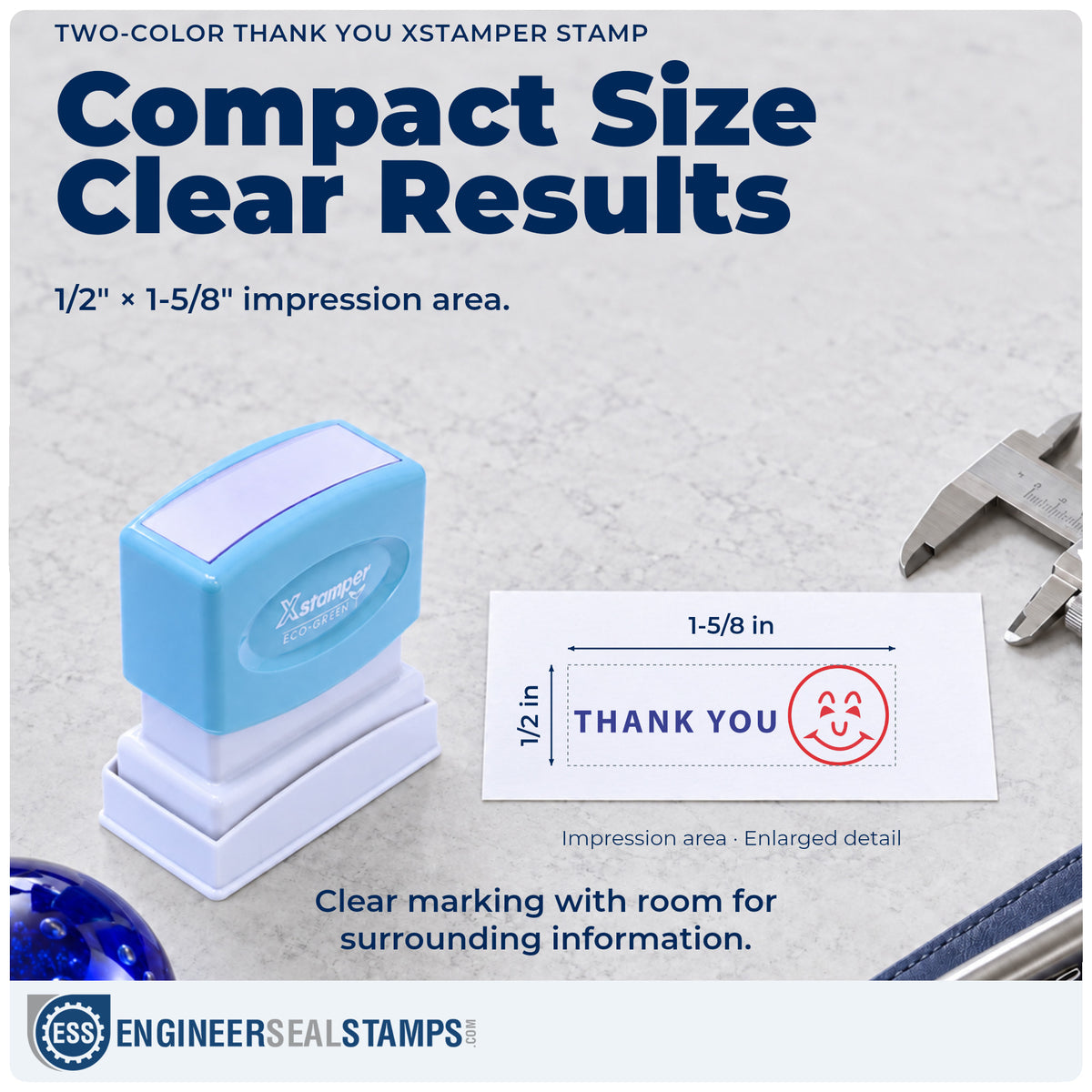 Impression size guide: the "Thank you" imprint measures 1/2 x 1-5/8 in