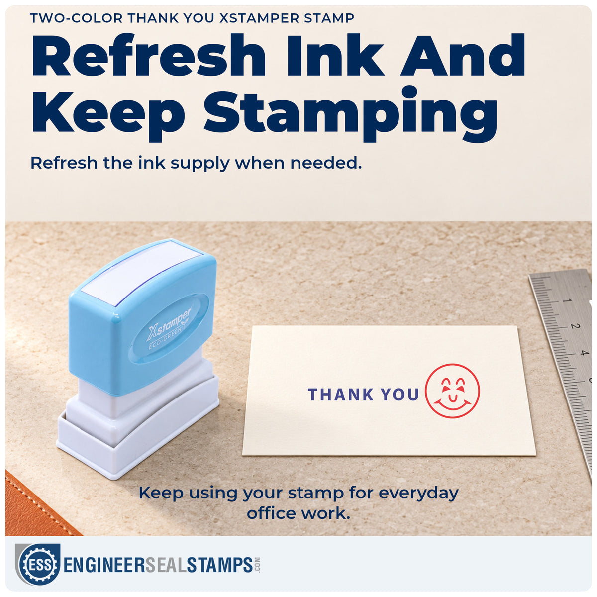 Re-inkable "Thank you" stamp built for thousands of repeat impressions