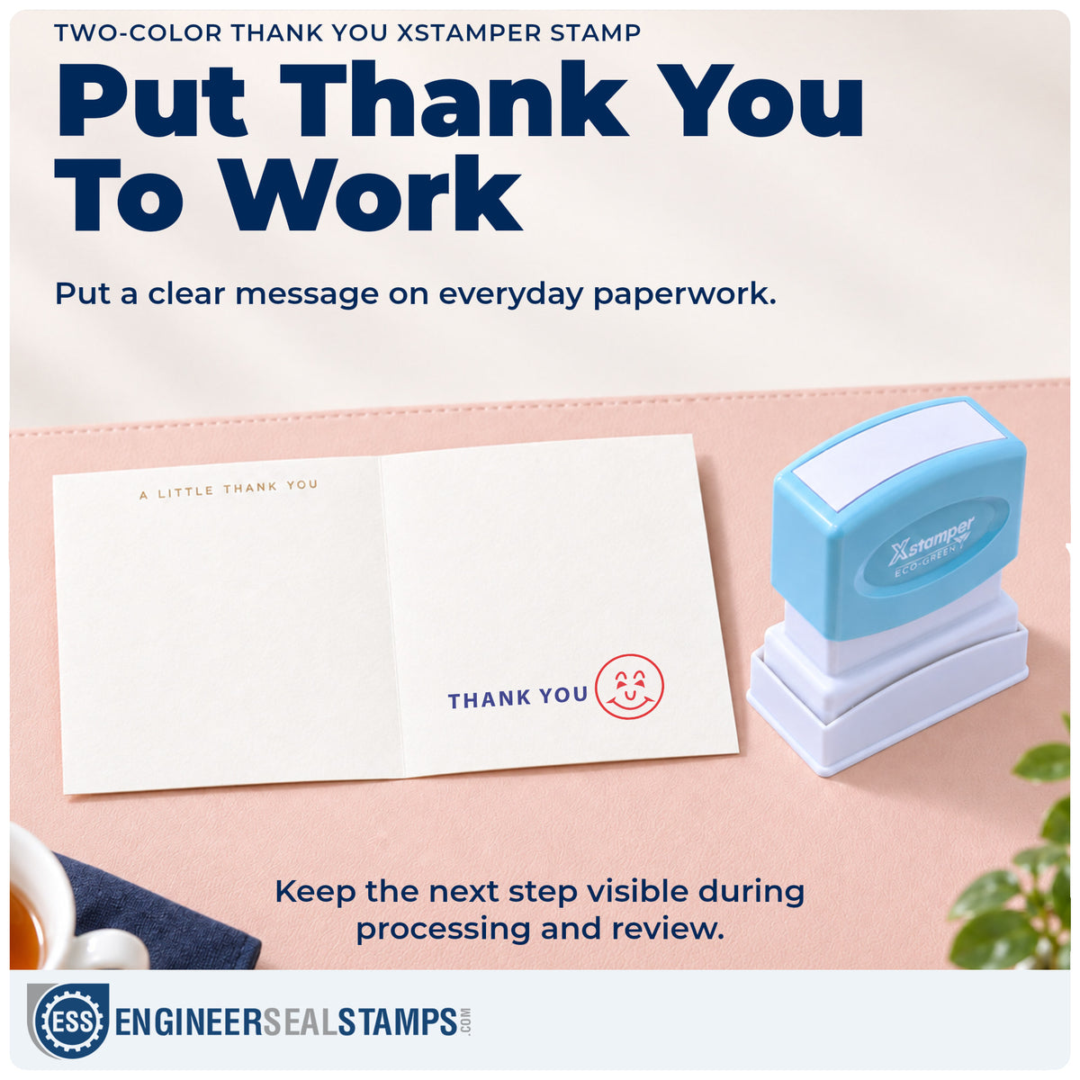 "Thank you" stamp being pressed onto a document during everyday filing