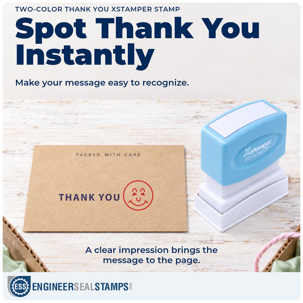 "Thank you" imprint on office paperwork beside the Thank You Stamp For Customer Paperwork – Two-Color Pre-Inked Xstamper