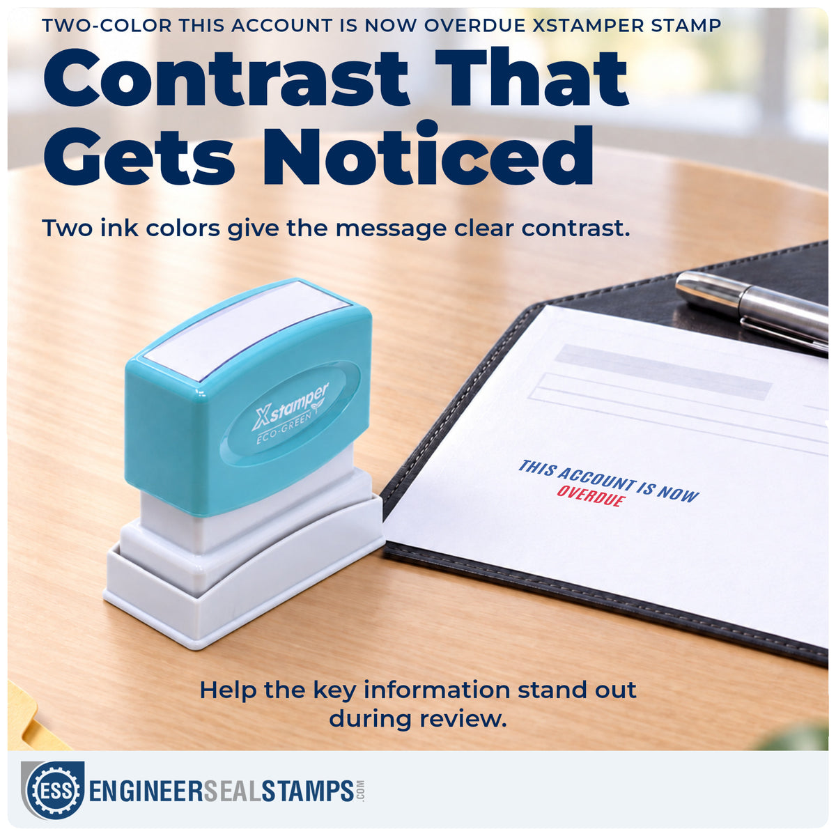 Features of the "This account is now overdue" Xstamper No. 2004 pre-inked stamp