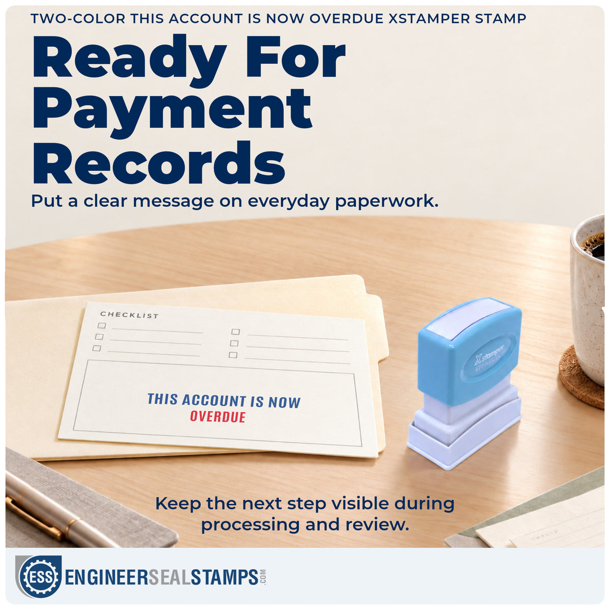 "This account is now overdue" stamp being pressed onto a document during everyday filing