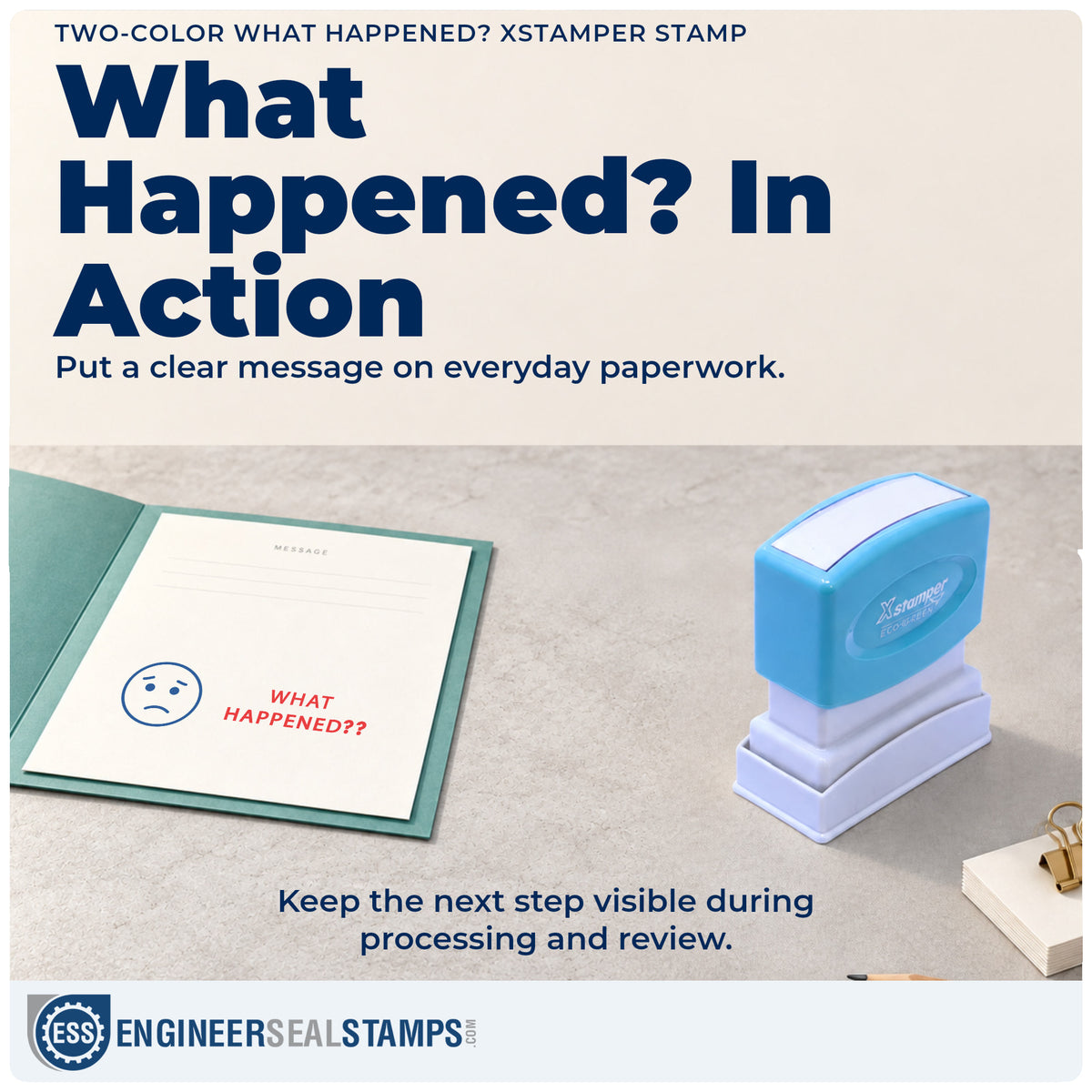"What happened?" stamp being pressed onto a document during everyday filing