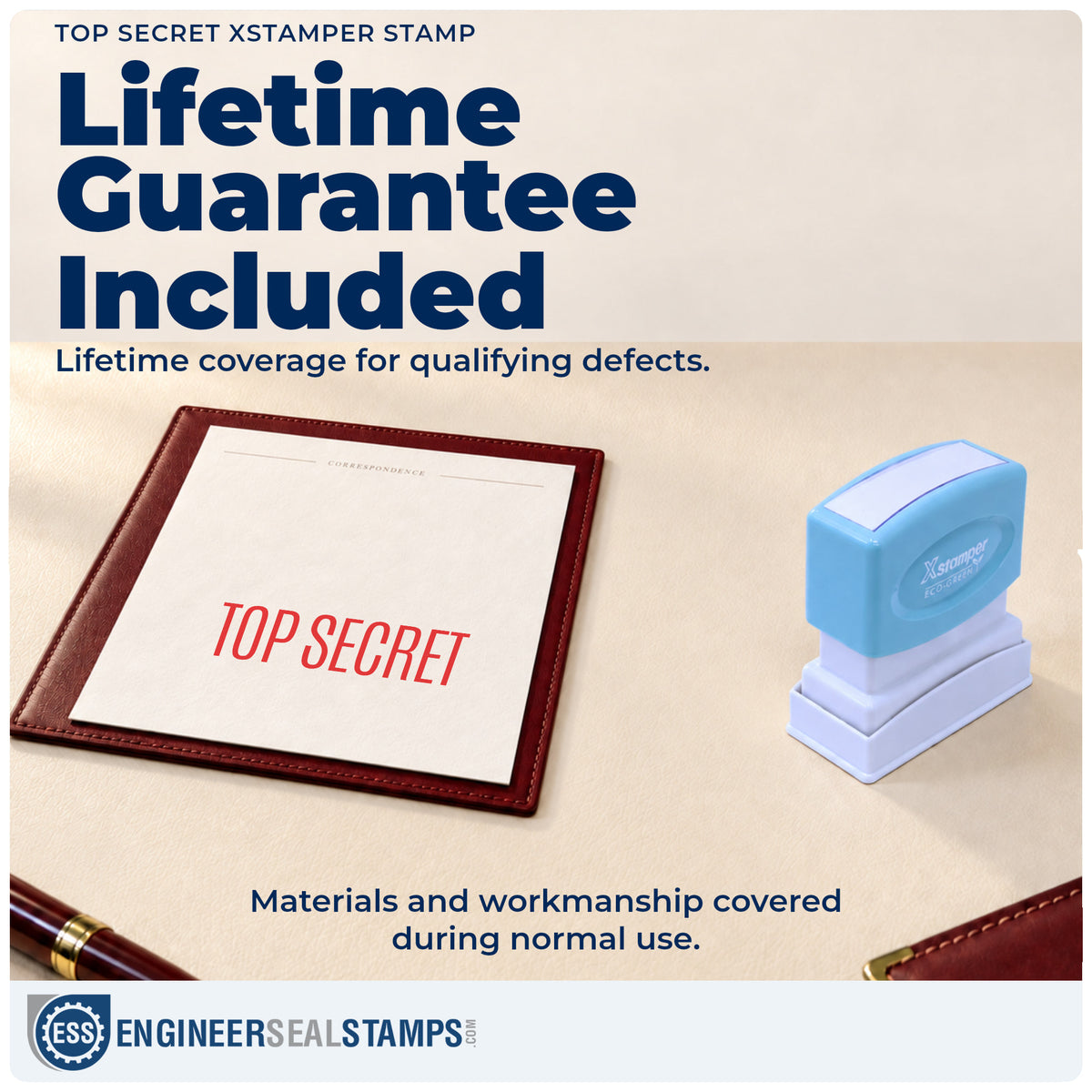 Lifetime guarantee coverage on the "Top secret" Xstamper pre-inked stamp